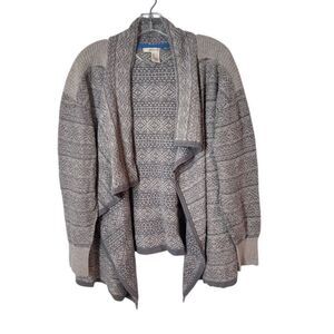 DKNY Jeans Waterfall Open Cardigan Sweater Fair Isle Grey Cream Metallic L